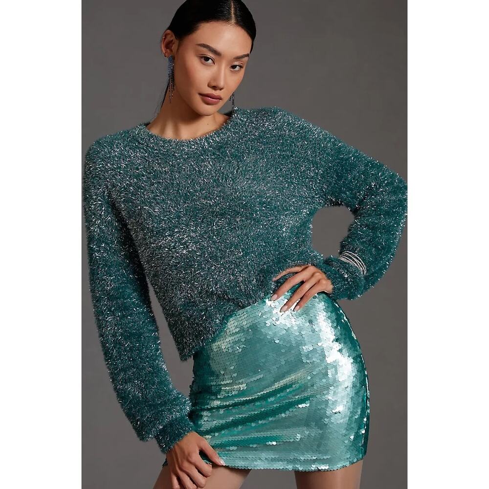 Maeve Anthropologie Tinsel Eyelash Pullover Sweater Green S